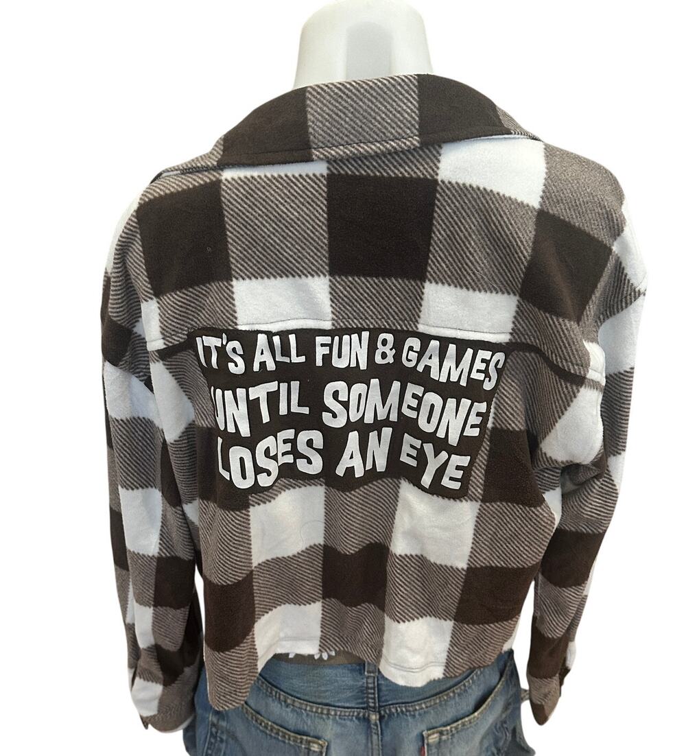 Plaid Fleece Button Up Crop Top MEDIUM All Fun Games Until Someone Loses An Eye